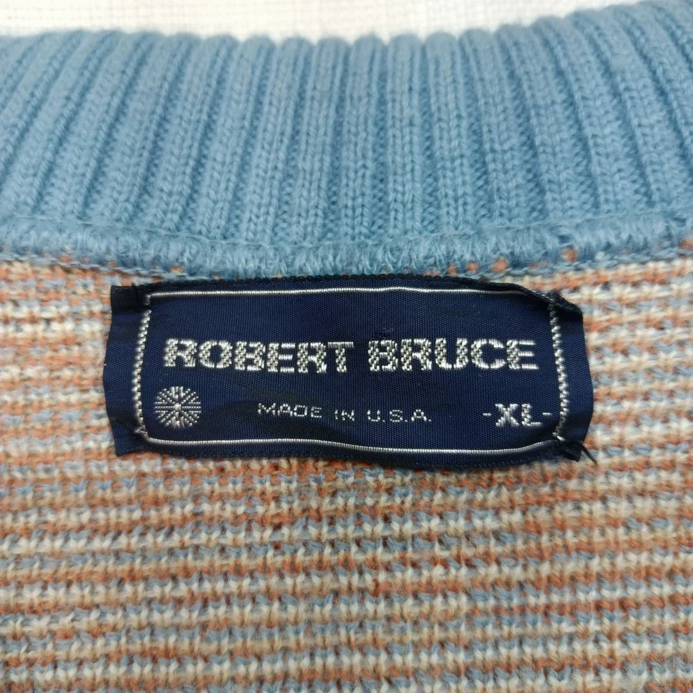 Vtg Robert Bruce Geometric Knit Sweater Blue Orange XL USA Made Sailor Collar - Picture 3 of 5